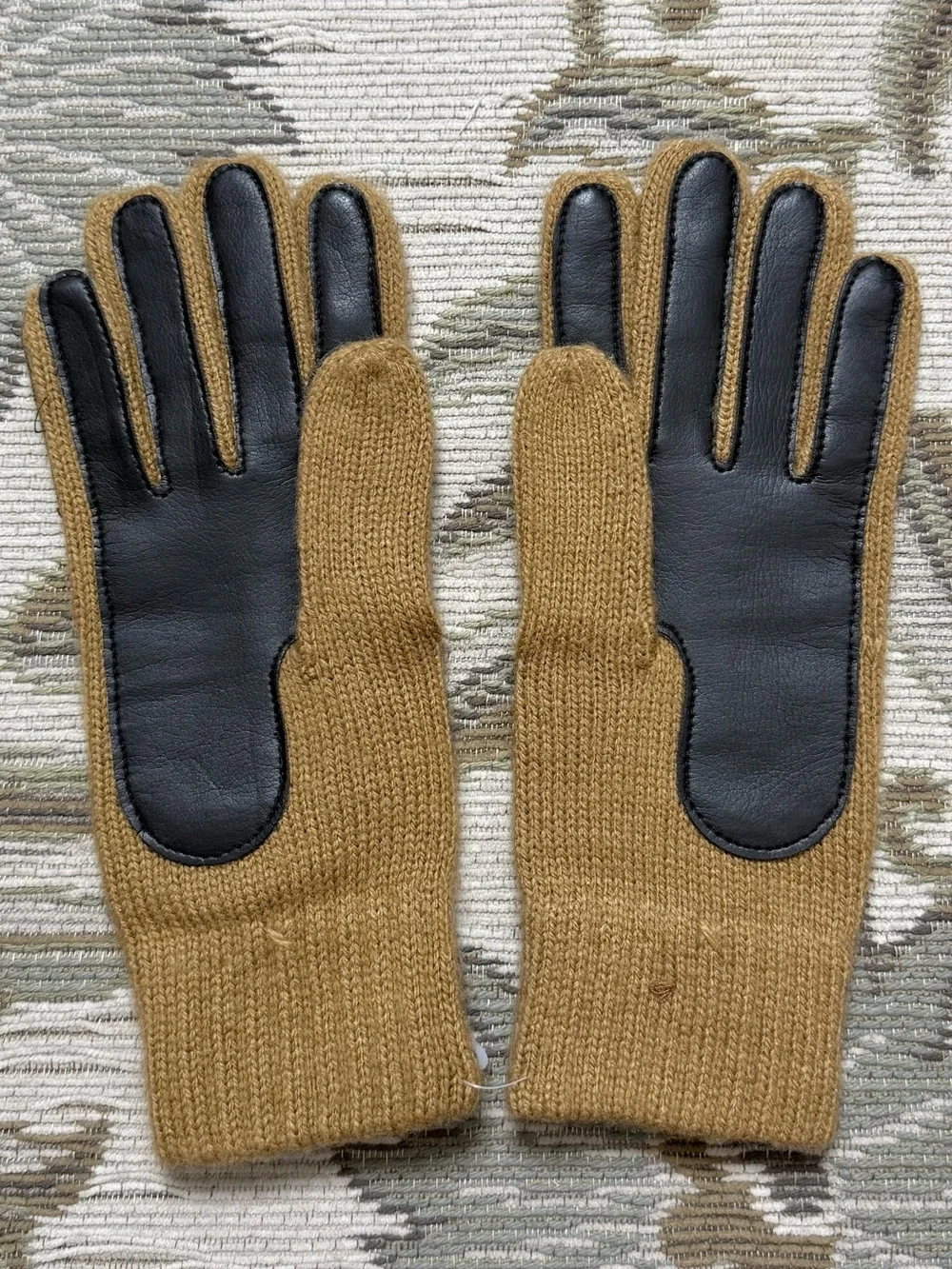 Vintage Gloves Brown Knit & Faux Leather Ladies Fall Winter Cold Weather New